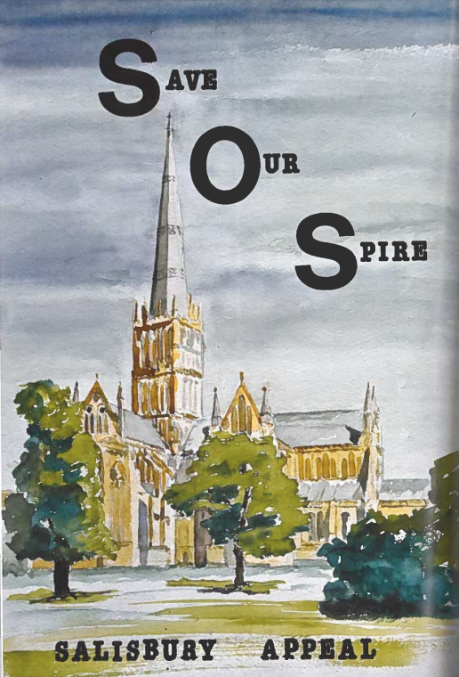 A painting of Salisbury Cathedral with the words SOS written across it