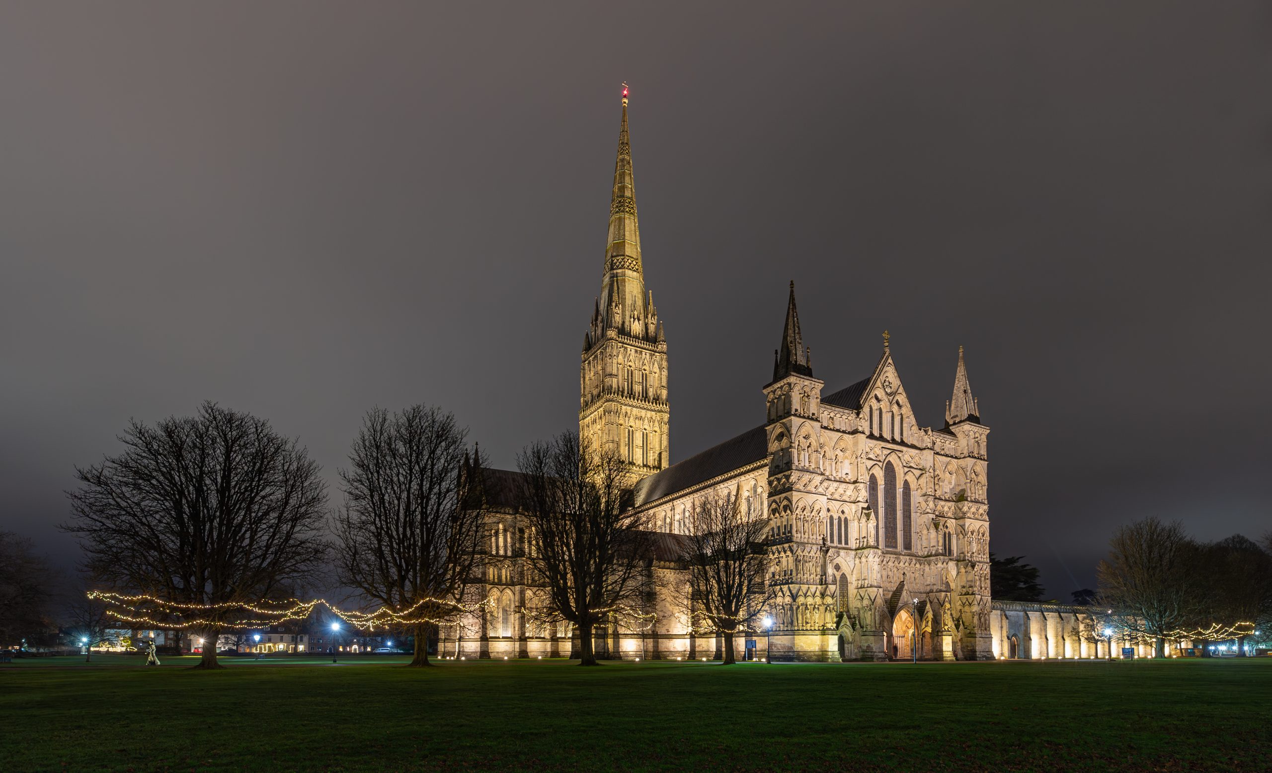 External view of Cathedral at night in winter, by Martin Cook