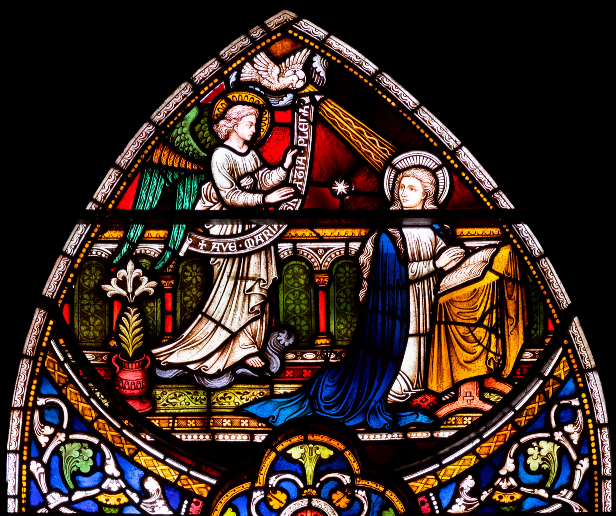 Photo of stained glass window illustrating the annunciation