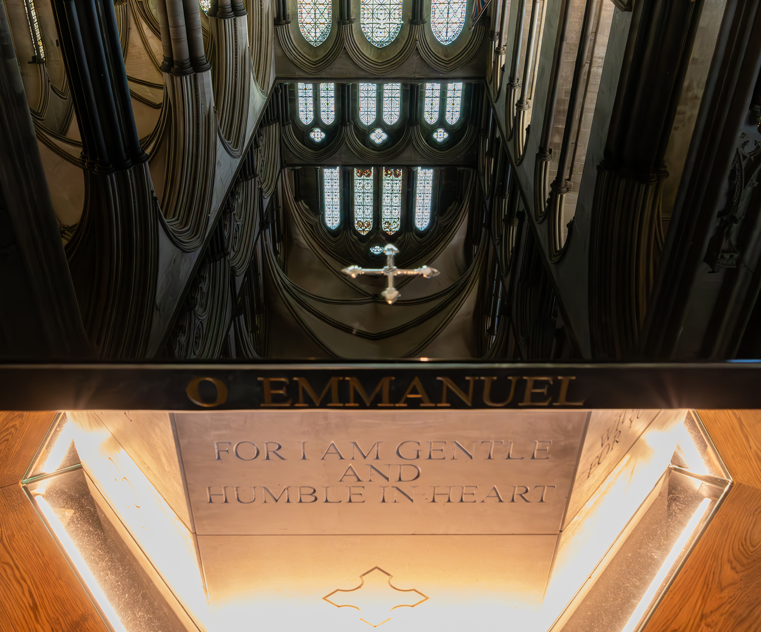 Detail of altar with reflection of windows