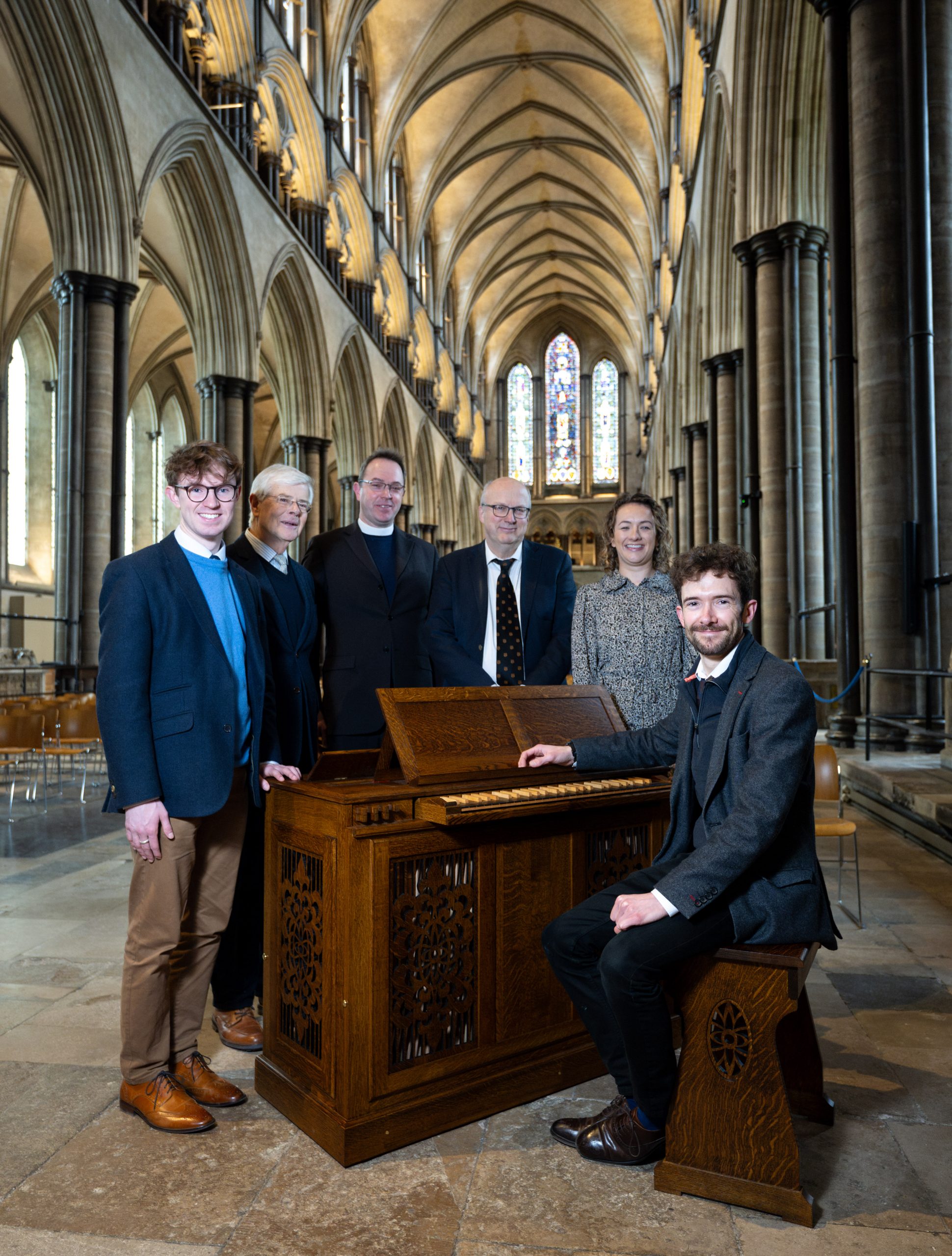 Jacob Costard, Luke March, Revd Kenneth Padley, David Halls, Natalie Maylen and John Challenger pose with the organ